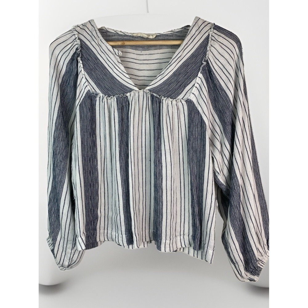 Lovestitch Women's S White Blue Striped Boxy Puff Sleeve Boho Peasant Top